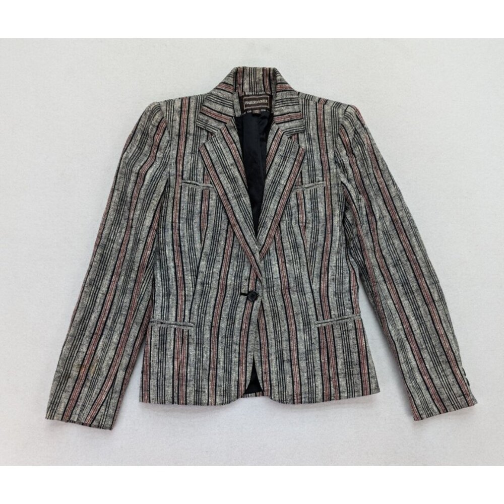 Haberdasher Vintage 70s Women's Blazer Jacket Size 7/8 Gray Striped Linen Blend